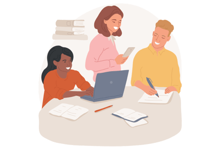Teacher with students at desk using paper and a laptop