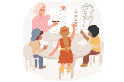 graphic of young students pointing to a crossword puzzle that the teacher is holding