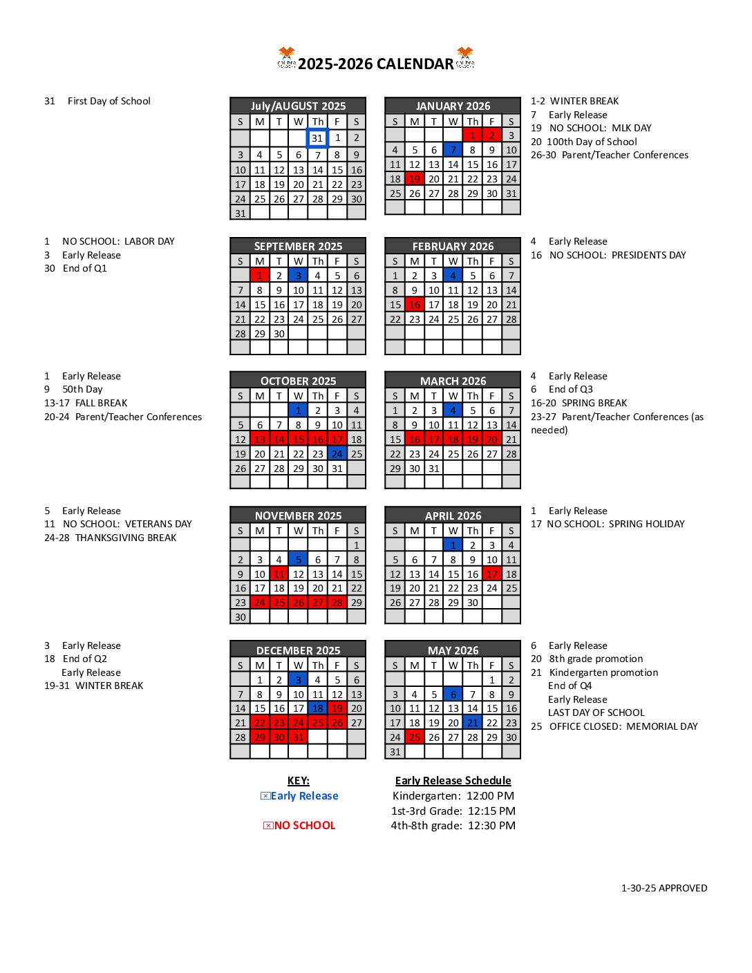 Calendar for 2025-2026