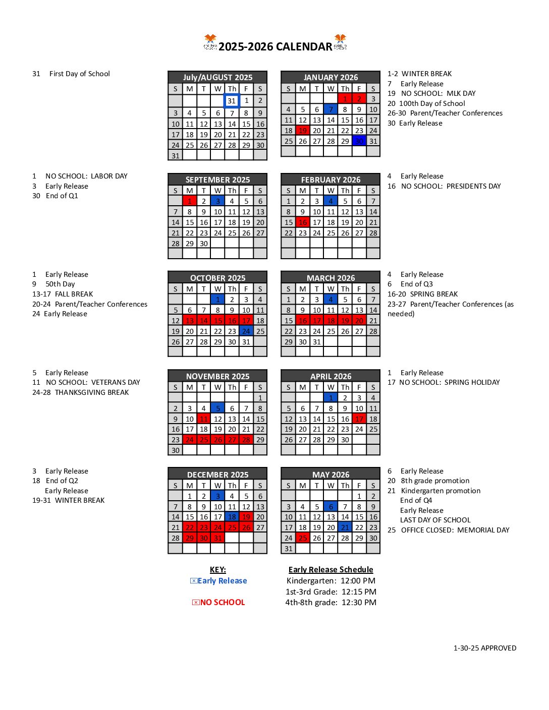 Calendar for 2025-2026